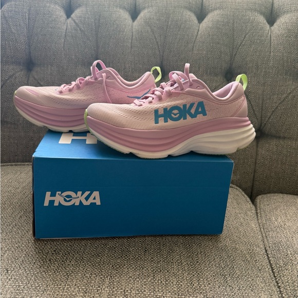 Hoka bondi 8 Pink and Green Running Shoes - Picture 2 of 5